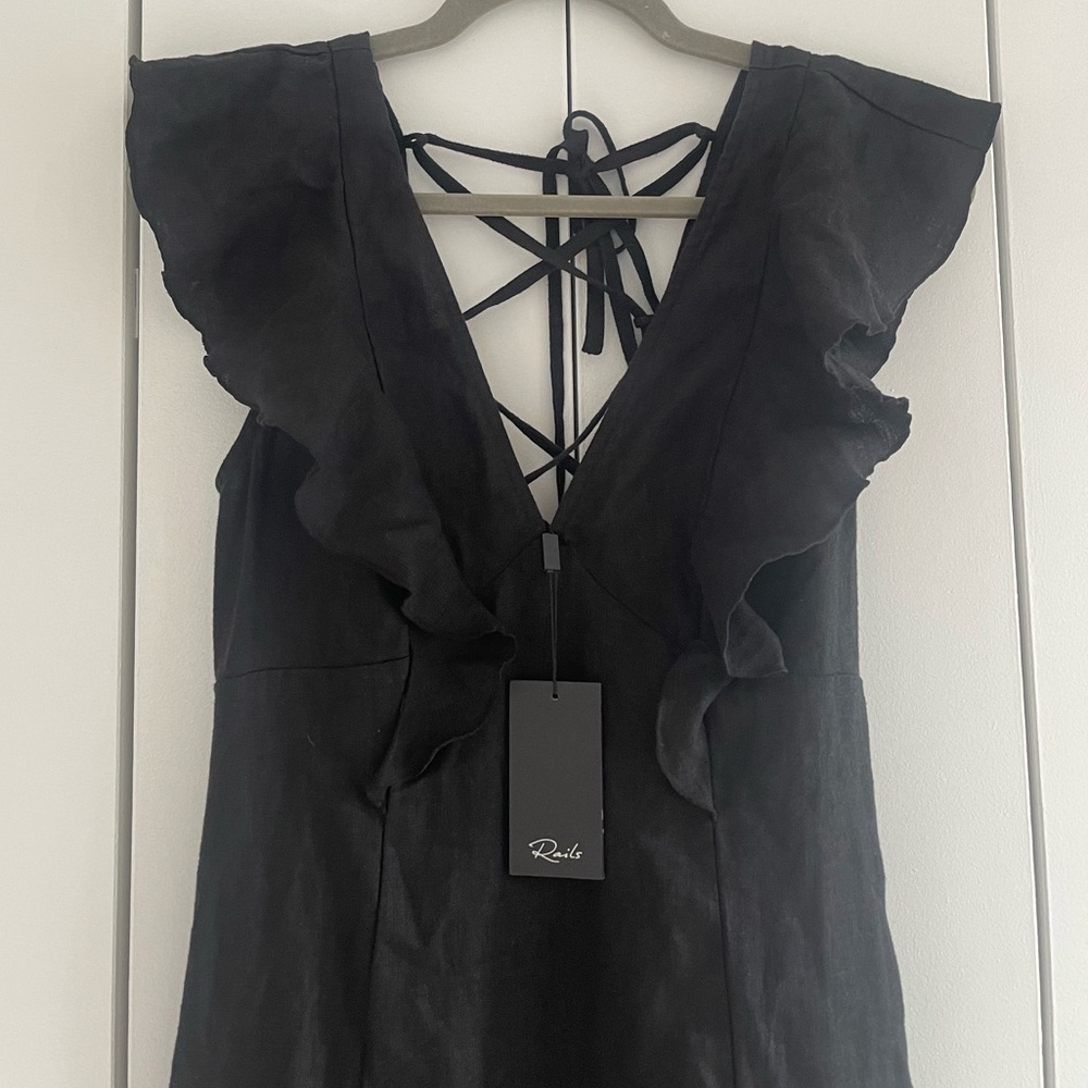 BNWT Rails 100% Linen Black Ruffle Tie Up Midi Dress
